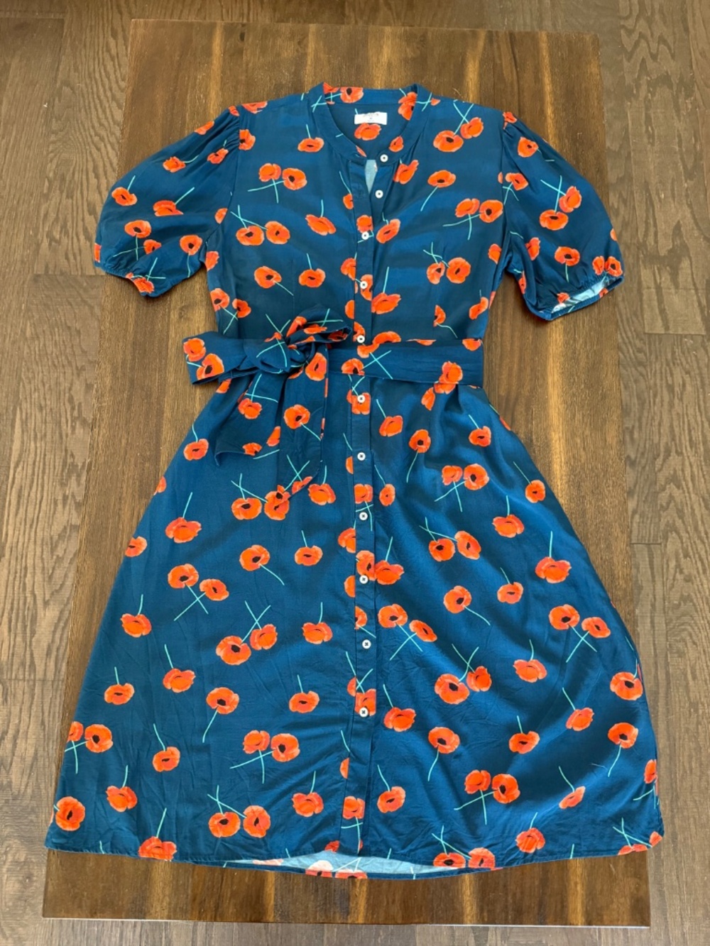 UNTUCKit Navy Blue Midi Dress with Red Floral Poppy Print - Picture 3 of 16